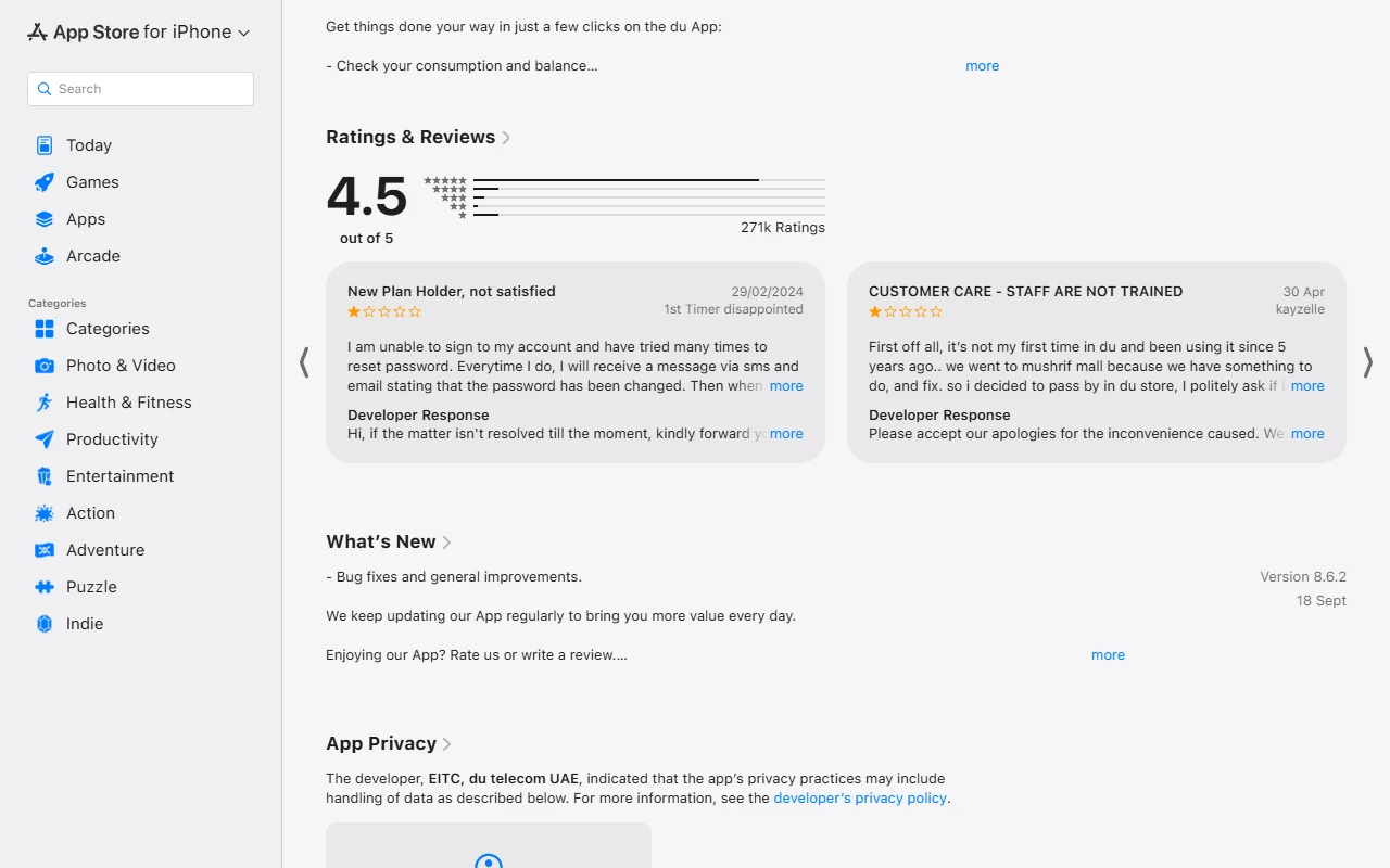 Страница приложения du в App Store: рейтинг 4.5 из 5 по 271 тысяче оценок, блок «What's New» версии 8.6.2 и раздел App Privacy с указанием разработчика EITC, du telecom UAE