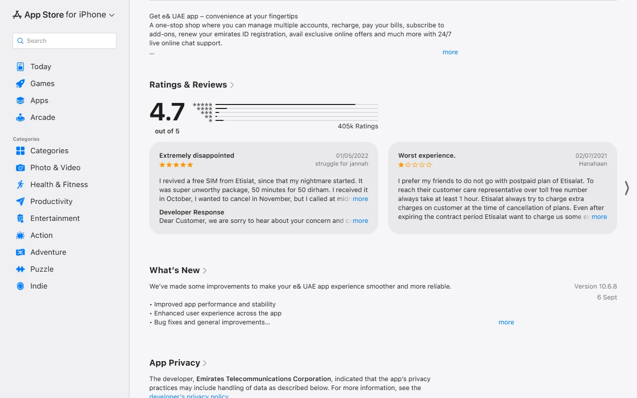 Страница приложения e& UAE в App Store: рейтинг 4.7 из 5 по 405 тысячам оценок, блок «What's New» с номером версии 10.6.8 и раздел App Privacy с указанием разработчика Emirates Telecommunications Corporation