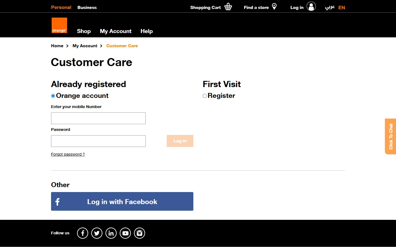 Страница входа в личный кабинет Orange Egypt Customer Care: переключатель Orange account / Register, поля Enter your mobile Number и Password, кнопка Log in и вариант Log in with Facebook