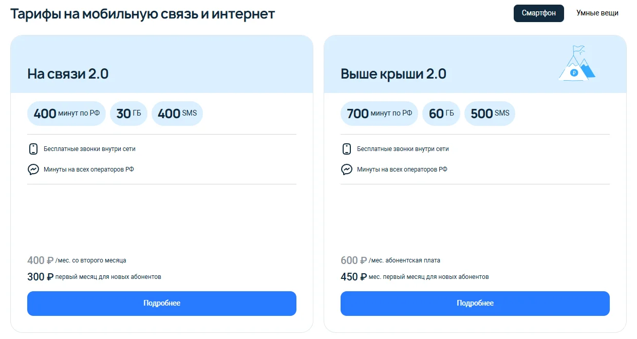 Страница «Тарифы на мобильную связь и интернет» на 7telecom.ru (регион Запорожская область): карточка «На связи 2.0» — 400 минут по РФ, 30 ГБ, 400 SMS, 400 ₽ в месяц со второго месяца, 300 ₽ первый месяц для новых абонентов; рядом «Выше крыши 2.0» — 700 минут, 60 ГБ, 500 SMS, 600 ₽, первый месяц 450 ₽