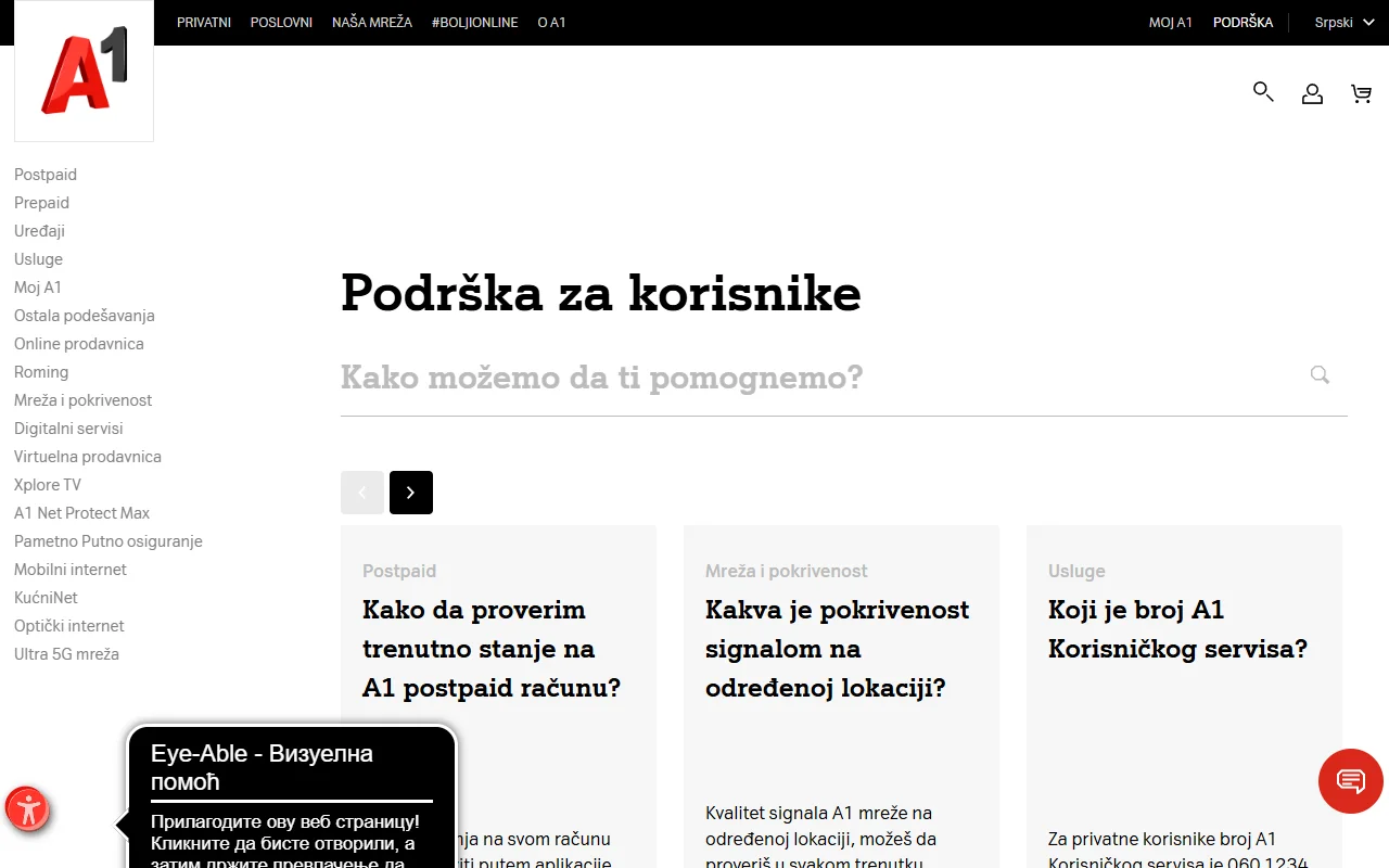 Страница «Podrška za korisnike» на a1.rs: поисковая строка вопросов, FAQ-карточка «Koji je broj A1 Korisničkog servisa?» с ответом «Za privatne korisnike broj A1 Korisničkog servisa je 060 1234»