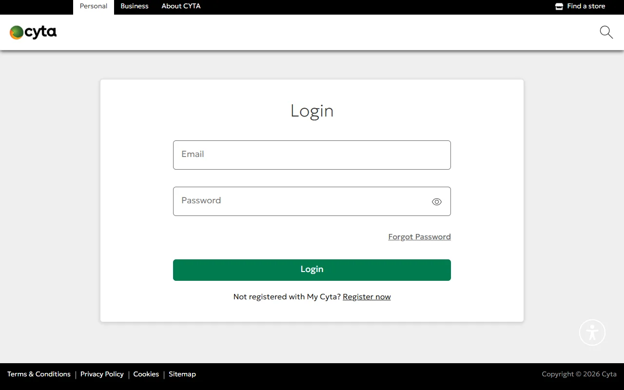 Форма входа в My Cyta на cyta.com.cy: поля Email и Password, кнопка Login