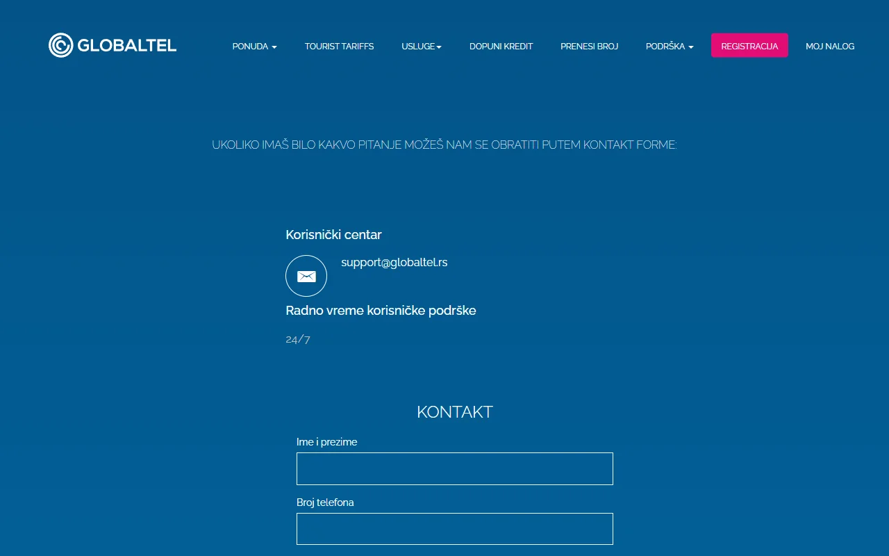 Страница «Kontakt» на globaltel.rs: раздел «Korisnički centar» с адресом support@globaltel.rs, режим работы «24/7» и форма обратной связи с полями «Ime i prezime» и «Broj telefona»