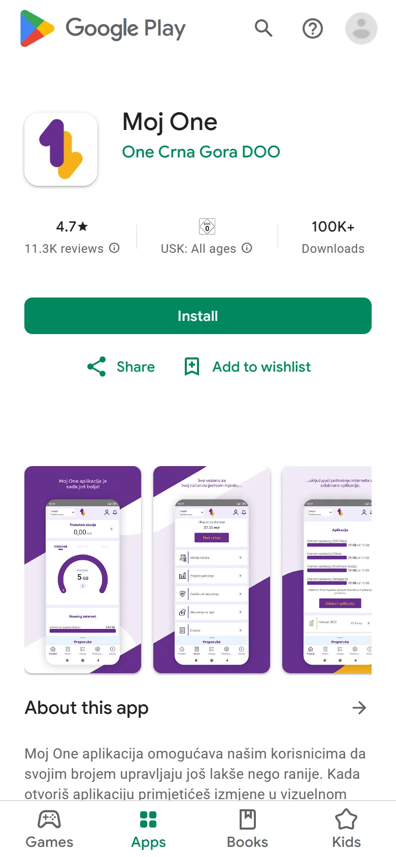 Страница приложения «Moj One» в Google Play: рейтинг 4.7 из 11,3 тыс. отзывов, более 100 тыс. установок, издатель One Crna Gora DOO