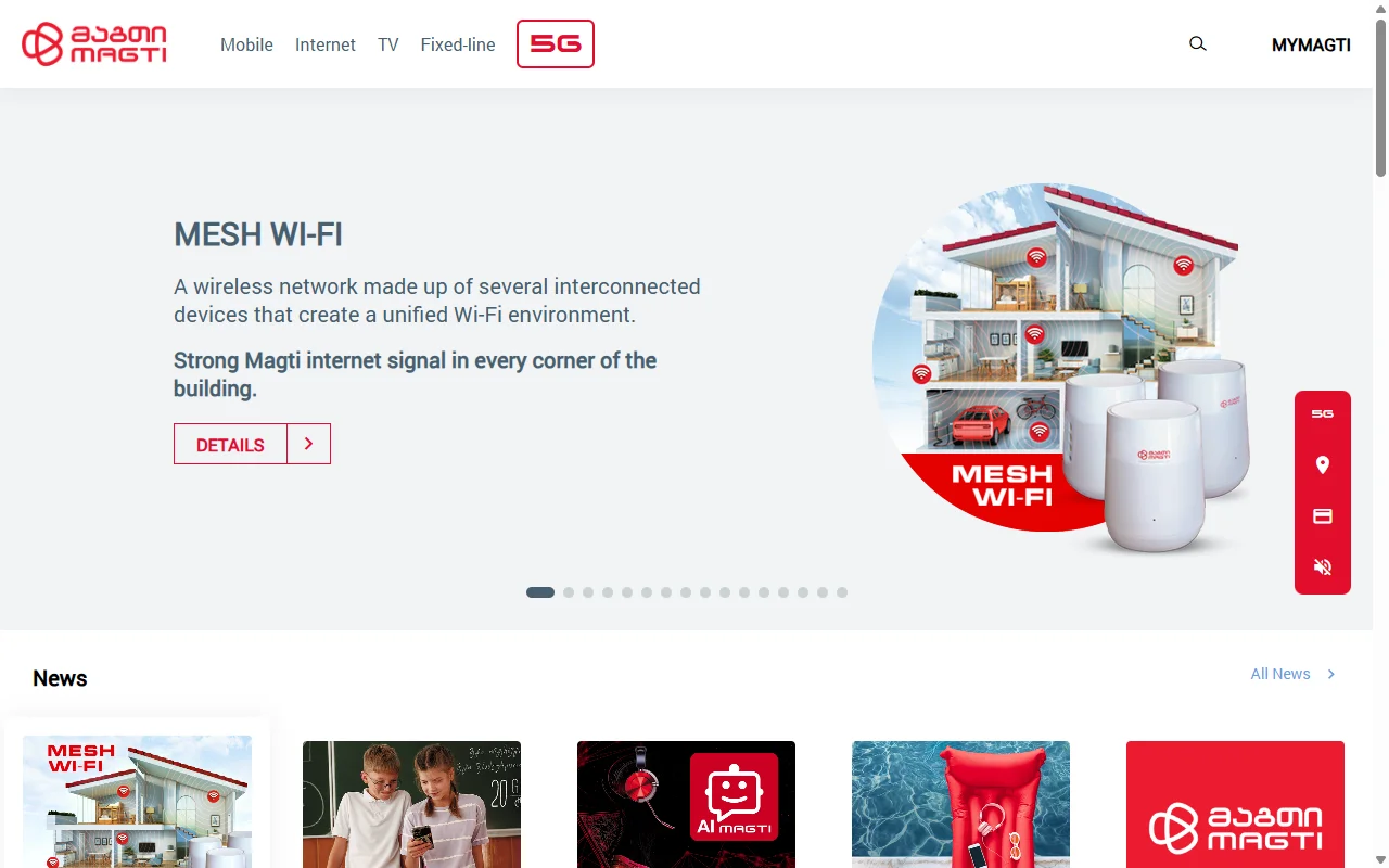 Главная страница magticom.ge с баннером Mesh Wi-Fi и меню Mobile, Internet, TV, Fixed-line, MYMAGTI