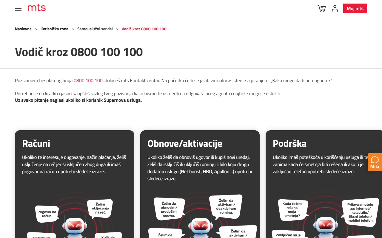 Страница «Vodič kroz 0800 100 100» на mts.rs: текст «Pozivanjem besplatnog broja 0800 100 100, dobićeš mts Kontakt centar» и карточки тем обращения — Računi, Obnove/aktivacije, Podrška