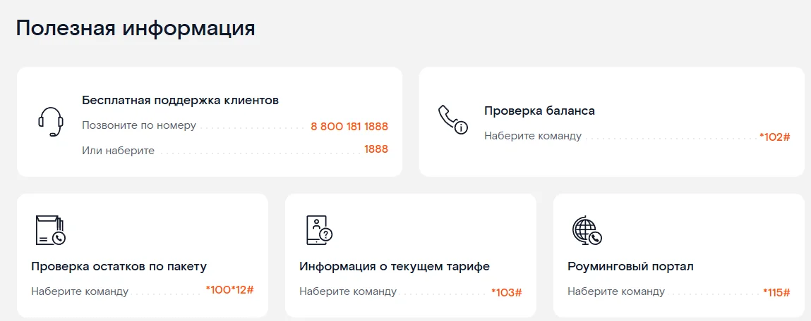 Блок «Полезная информация» на странице мобильной связи rt.ru: бесплатная поддержка 8 800 181 1888 или 1888, проверка баланса *102#, проверка остатков по пакету *100*12#, информация о текущем тарифе *103#, роуминговый портал *115#