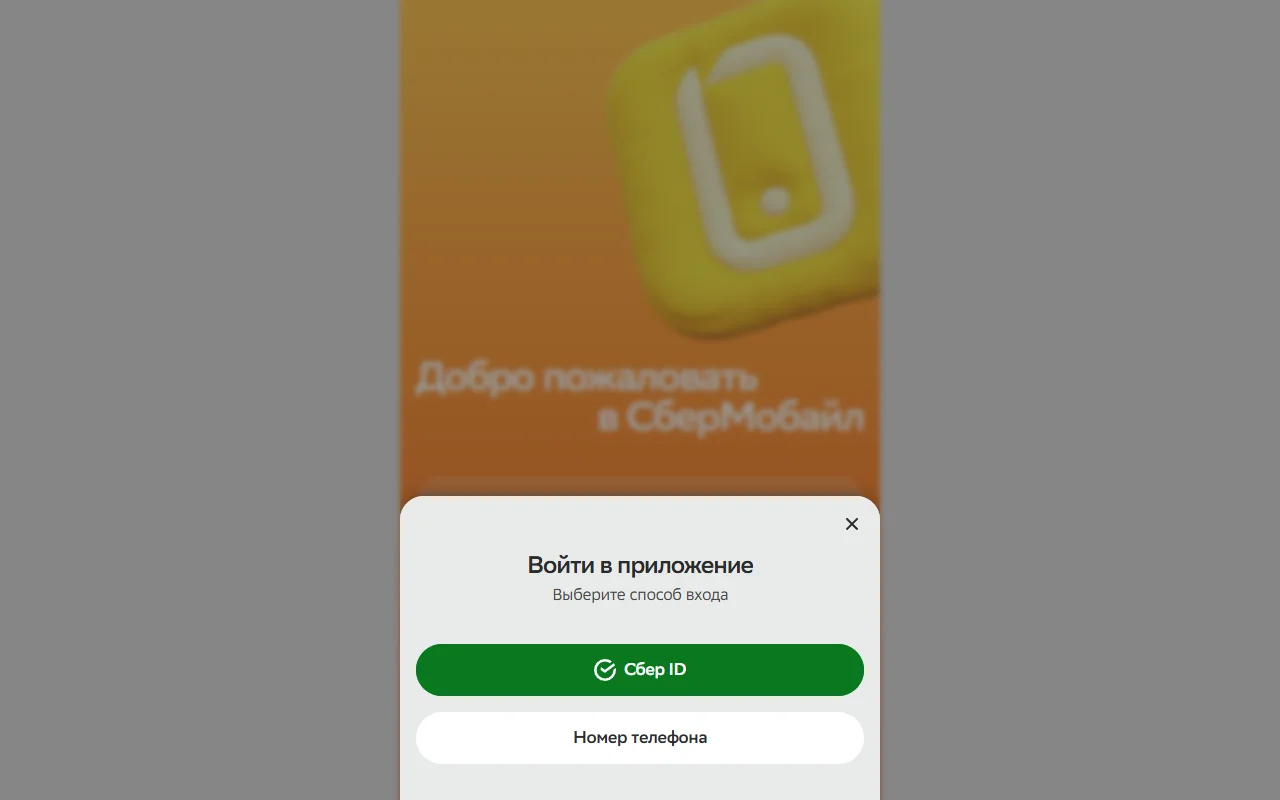 Окно входа на lk.sbermobile.ru: заголовок «Войти в приложение», подзаголовок «Выберите способ входа», кнопки «Сбер ID» и «Номер телефона»