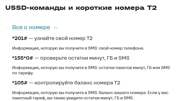 Начало раздела «Все о номере» в справке Т2 по USSD-командам: *201# — свой номер, *155*0# — остатки минут, ГБ и SMS по тарифу, *105# — баланс номера и остатки на пакетном тарифе; ответы приходят в SMS