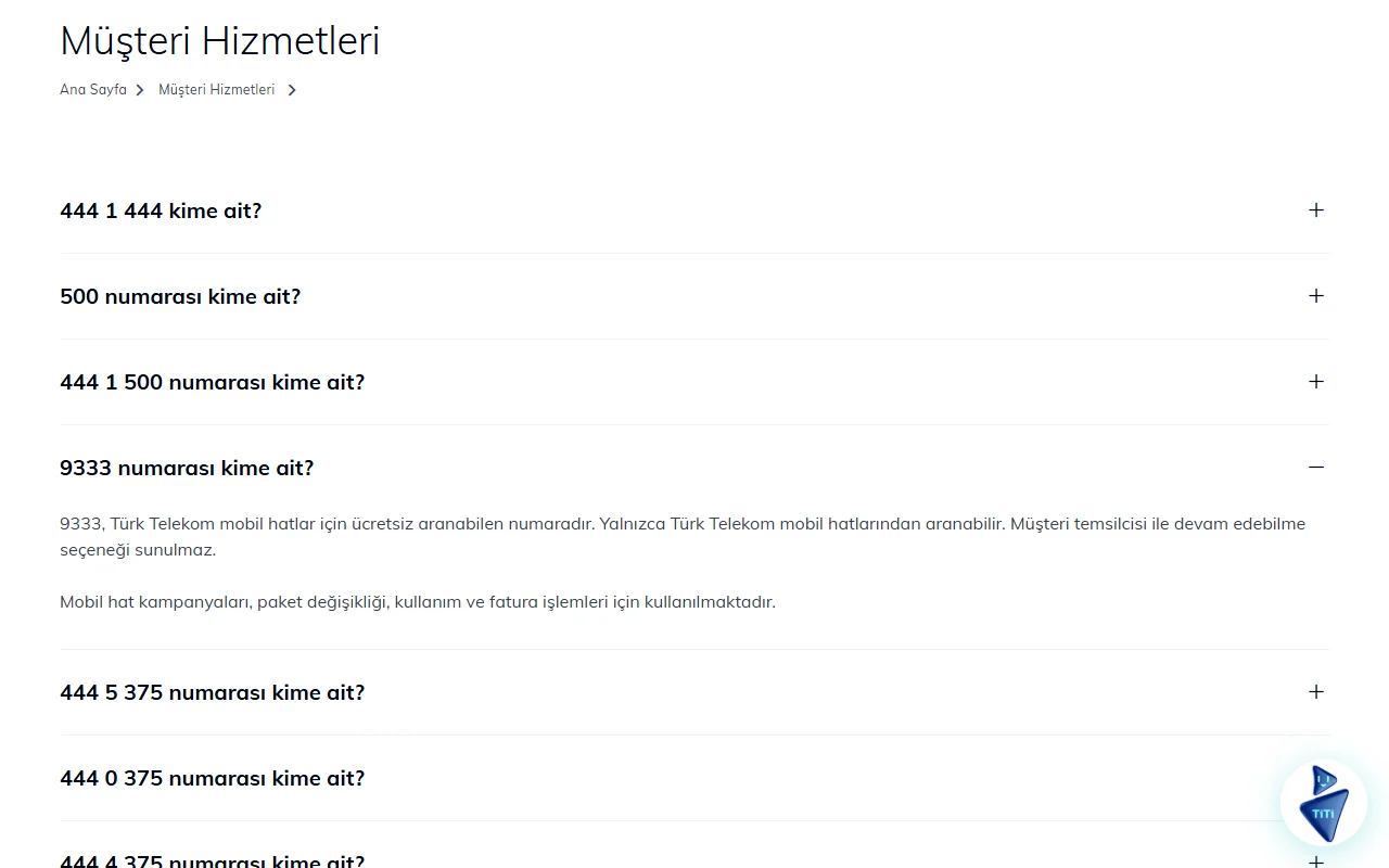 Страница «Müşteri Hizmetleri» на turktelekom.com.tr: список вопросов «444 1 444 kime ait?», «500 numarası kime ait?», «444 1 500 numarası kime ait?»; раскрыт пункт «9333 numarası kime ait?» — бесплатный номер только для мобильных линий Türk Telekom, без соединения с оператором