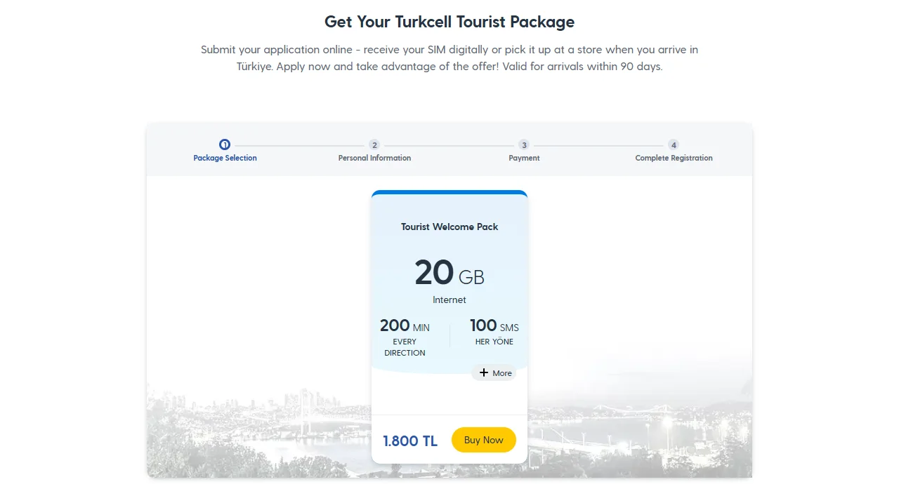 Форма заказа на странице Turkcell для туристов: шаги Package Selection, Personal Information, Payment, Complete Registration и карточка Tourist Welcome Pack — 20 GB Internet, 200 MIN, 100 SMS, цена 1.800 TL, кнопка Buy Now