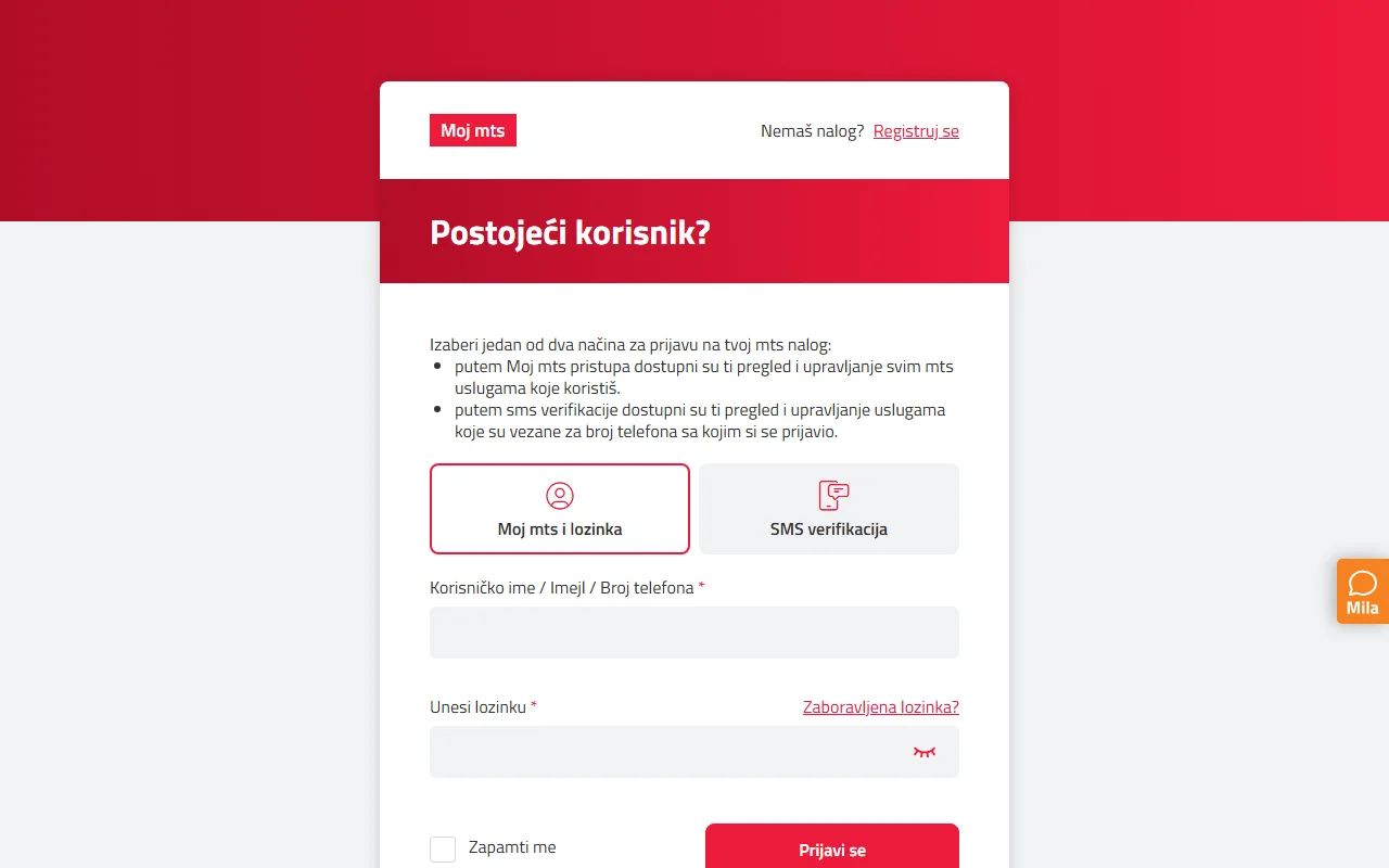 Форма входа Moj mts на moj.mts.rs: переключатель между входом «Moj mts i lozinka» и «SMS verifikacija», поля логина и пароля, кнопка «Prijavi se»