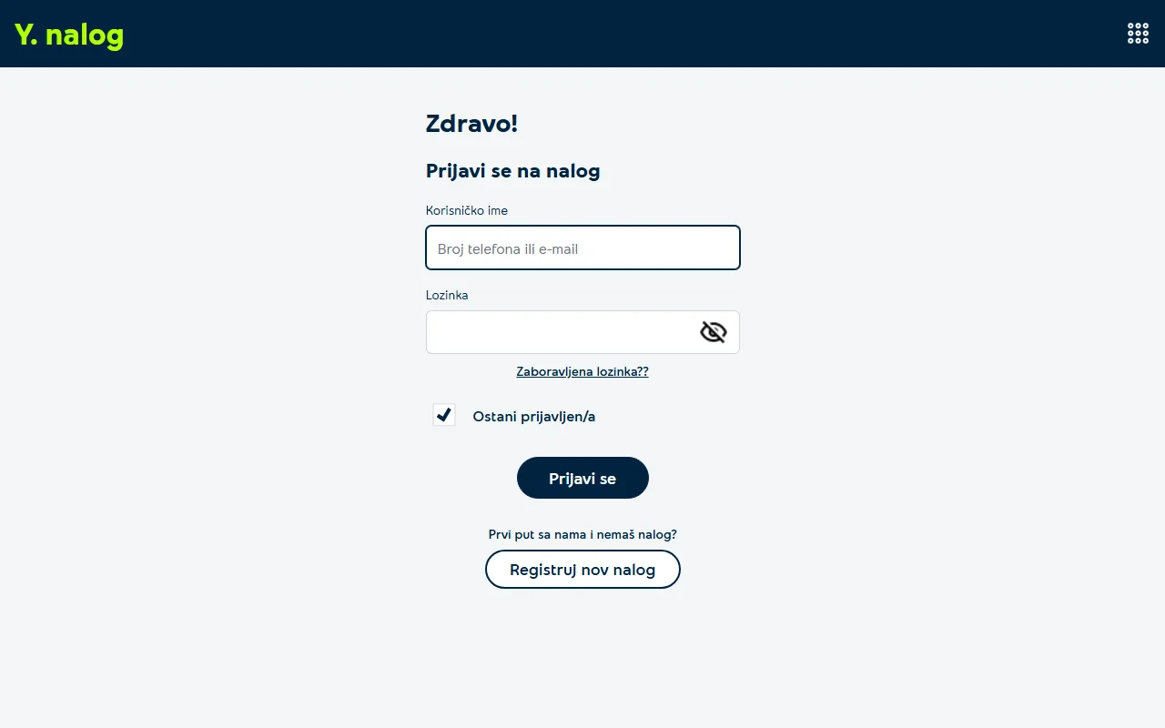 Форма входа Y. nalog на yettel.rs: поле «Korisničko ime» для номера телефона или e-mail, поле пароля, кнопка «Prijavi se» и ссылка регистрации нового аккаунта